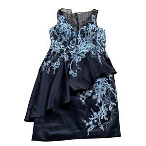 Rickie Freeman Teri Jon Size 12 Black & Silver Embroidered Sleeveless Mini Dress